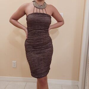Elegant Crushed Brown Bodycon Halter Dress, Beaded Neckline, Size M